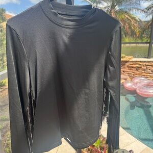 Black Women's Long-Sleeve Fringe Top